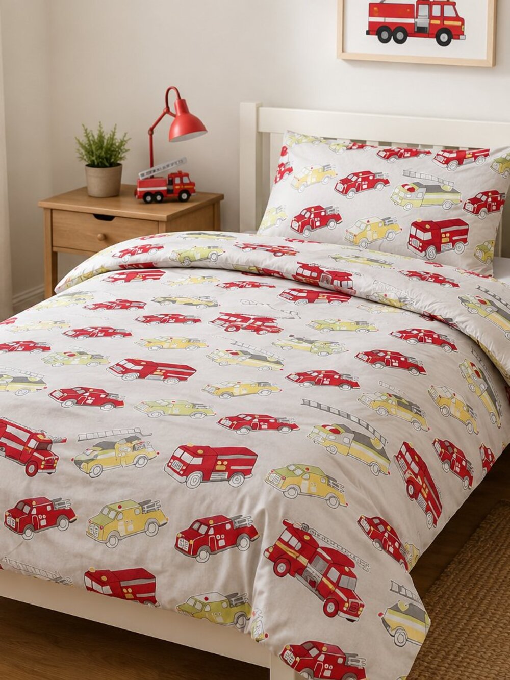 PB Kids Firetruck Duvet Cover Twin 100% Organic Cotton Kids Bedding Red Gray